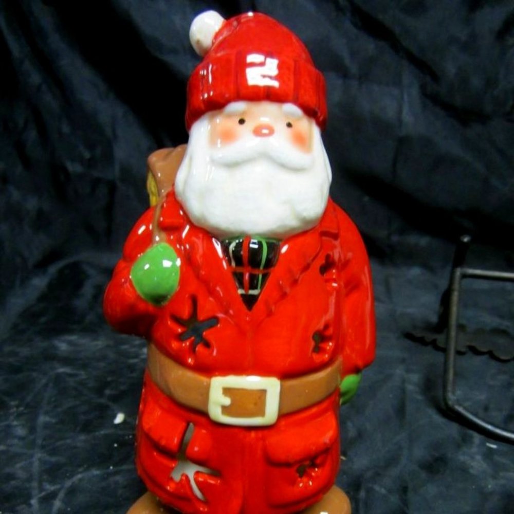 HALLMARK RUSTIC SANTA W/BASKET STYLE BACKPACK, CUTOUT CERAMIC TEALIGHT HOLDER